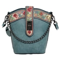 Graublaue PU-Umhängetasche mit exquisiter Blumenstickerei und einer Metallketten-Schultergurt - Blau