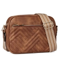 Bruine gewatteerde crossbodytas van vintage leer met geometrische geweven riem - Bruin
