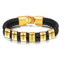 Men's double-layered black braided leather bracelet with 6 engraved gold custom beads - Gold Clasp - 6 Names