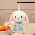 Plush bunny toy pendant with white fur pink ears and blue floral fabric details - Rabbit