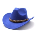 Detail of royal blue wool felt cowboy hat featuring ethnic woven band and wooden beads - M (56-58cm) / Blue