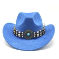 Détail du chapeau de cowboy en daim bleu avec perles ethniques et décoration en cuivre - M (56-59cm) / Bleu Royal (Daim)