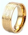 Detailed view of wide gold band ring with engraved scriptures and metallic luster - US 7 / Wide Engraved Sutra Style (21205) / Gold (21205)