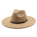 Close-up of camel faux suede fedora with black leather belt and silver metal buckle - M (56-59cm) / Camel Suede