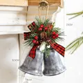 Christmas tree bell ornament with pine cones and red black buffalo plaid bow tie - Painted Silver Grey Open Double Bells