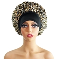 Extra large leopard print satin bonnet with wide black elastic band for hair care - 10866 Leopard Print
