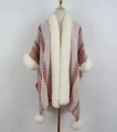 Pink and purple wave pattern knit poncho with faux fur collar and tassel balls - Beige Coffee