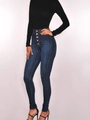 Detail of high waisted dark blue skinny jeans with multi-button fly closure - S / Bottoms / Dark Blue
