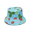 Close-up of strawberry print patterns and woven fabric texture on a bucket hat - M(56-58cm) / Blue