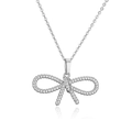Detailed view of a silver bow knot pendant necklace featuring a delicate cross chain link - Silver Twisted Bowknot Necklace