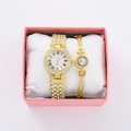 Detail of gold quartz watch with Roman numerals and matching crystal bracelet set - Style 1 + Bracelet + Box
