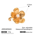 Elegant 18K gold plated stainless steel flower ring with pearl and adjustable open band - 18K Gold Pearl Flower Ring (JDR2405043)