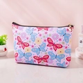 Pink waterproof PU leather makeup bag with floral butterfly print and zipper closure - Small / Pink Floral Butterfly