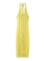 Details gestufter vertikaler Volants an einem gelben Neckholder-Midikleid aus Mesh - S / Gelb