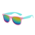Kids square sunglasses featuring pink frames, light blue temples and rainbow lenses - Pink Frame Green Temple/Colorful Mirror