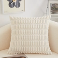 Cream white plush velvet throw pillow cover with textured corduroy stripes for sofa - 45x45cm Pillow Cover / Striped Rice White