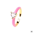 Pink enamel adjustable ring with heart-shaped crystal and golden finish - Heart / Pink