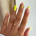 Short press-on nails in neon yellow and nude pink with star patterns for women - BZ1495 Neon Yellow Star / Jelly Glue + Nail File