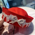 Red sailor style beret featuring white lace bows and checkered ribbon pearl details - M (56-58cm) / Red Sailor Hat With Pearl Lace
