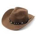 Classic brown woven straw cowboy hat featuring black leather band with turquoise studs - Coffee
