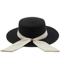 Elegante cappello di paglia nero a tesa larga con nastro in chiffon crema e fibbia strass - M (56-58cm) / Nero