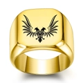 Polished gold stainless steel signet ring for men featuring a black double-headed eagle - US 8 / Gold