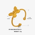 Anillo de mariposa en acero inoxidable chapado en oro de 18K con diseño de cuerda ajustable - Abierto Ajustable / Dorado