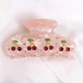 Pink acrylic cherry hair claw clip with sparkling red rhinestones and golden stem - Regular / Peach