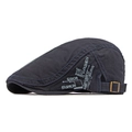 Navy blue cotton flat cap for men with side white embroidery and bronze metal buckle - Navy Blue