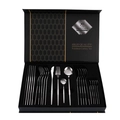 Modern polished stainless steel cutlery set with black gift box packaging - Portugal Style (24Pcs Set/Flip Case) / Silver