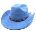 Macro view of light blue suede cowboy hat with studded brown leather band and star rivets - M (56-58cm) / Haze Blue