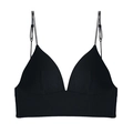 Women's black backless ribbed cotton bra with slim straps and deep V-neckline style - Black