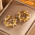 Detail of 18K gold plated hammered metal earrings with inlaid pearls on silk fabric - Gold + White Pearl (Hammered)