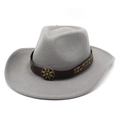 Close-up of grey felt cowboy hat featuring brown leather band with vintage metal studs - M (56-58cm) / Gray