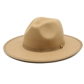 Classic wide brim camel wool fedora hat with matching grosgrain ribbon for men and women - M (56-58cm) / Camel