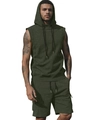 Men's dark green sleeveless hoodie and shorts set with drawstring and casual fit - Army Green