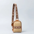 Beige straw crossbody phone bag with bohemian geometric strap and gold hardware - Tan
