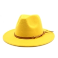 Detail view of the yellow fedora hat with brown leather band and classic crown creases - M (56-58cm) / Yellow