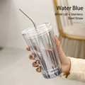 Water blue translucent glass breakfast cup with white lid and stainless steel straw - Aqua Blue + Clear Lid + Stainless Steel Straw