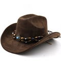 Brown faux suede Western cowboy hat with Bohemian beaded band and turquoise metal plate - M (56-58cm) / Coffee