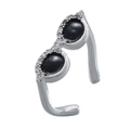 Miniature sunglasses open ring in silver finish with black gems and sparkling zircons - Silver Black Enamel Zircon Sunglasses Ring (A-1388)