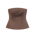 Three-piece brown outfit featuring a back-slit blazer, tube top, and high-waisted pants - XS / Tube Top