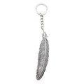 Vintage silver metal feather keychain pendant with chain on white background - Antique Silver