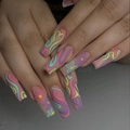 Long square press-on nails with colorful 3D embossed floral and line patterns - Pastel Swirl Flower (SGCY-131) / Glue Type