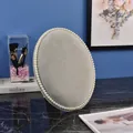 Grey velvet oval jewelry display tray with white pearl trim and support stand - Medium / Gray