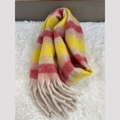 Thick winter scarf with yellow, pink and beige stripes and tassel details - Yellow Pink Beige Stripes