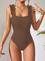 Detailed texture of brown ribbed bodysuit with ruffled straps and a square neckline - S / Dark Brown