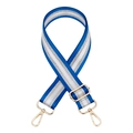 Close-up of royal blue and silver striped adjustable bag strap with gold lobster clasps - Sky Blue