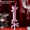 Number 1 birthday candle in metallic pink with a gold crown and pink checkered bow - Number Candle Pink With Crown And Bow 1