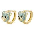 Close-up of golden teddy bear hoop earrings featuring blue beads and black crystal eyes - Gold With Lake Blue Zircon
